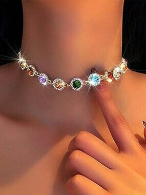 Colorful Crystal Rhinestone Choker Necklace Gold Chain Party Prom Jewelry